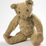 Teddy bear, golden mohair plush stuffed with wood wool, probably manufactured by Gebrüder Bing, Germany, 1908-1913